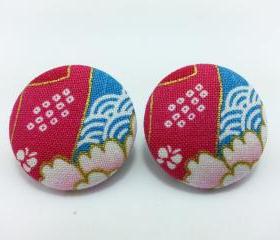 XL Button Studs available in normal ear studs or clip ons- Contrasting Pink And Blue Kimono Studs 