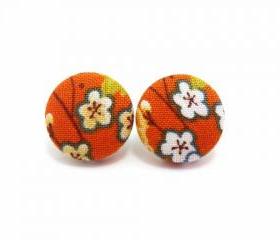 Medium Button earrings/Fabric Button Studs/Clip On Earrings -Japan kimono sakura On Orange Fabric 