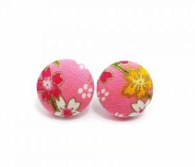 Medium Button earrings/Fabric Button Studs/Clip On Earrings -Japan kimono sakura On Pink 
