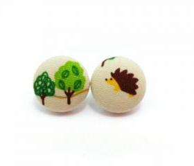Medium Button earrings/Fabric Button Studs/Clip On Earrings -Kawaii Porcupine earrings